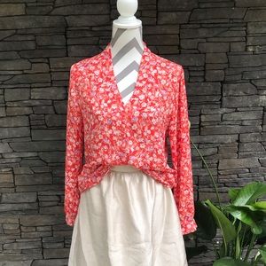 🌞Red and purple summer floral V-neck blouse
